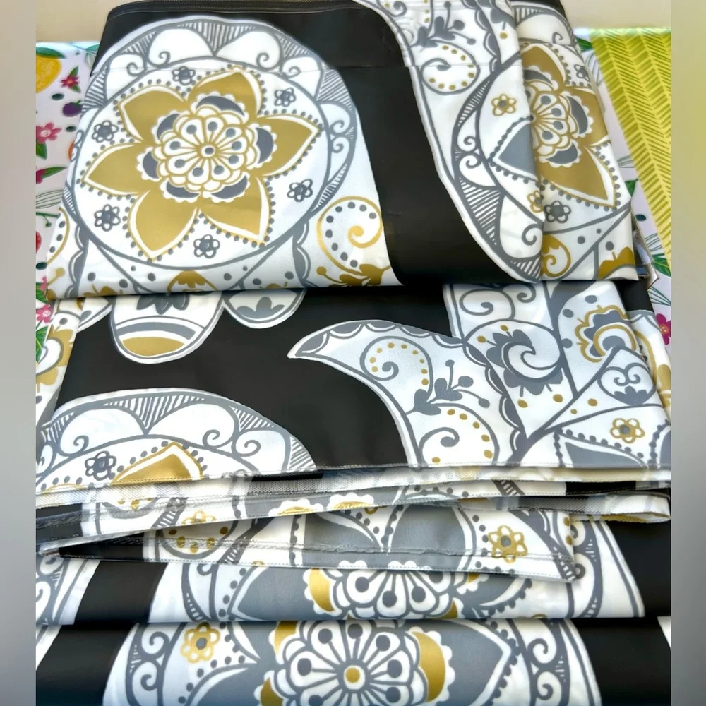 Hamsa Hands Design Peva Shower Curtain Black Gray Metallic Gold White Ornate